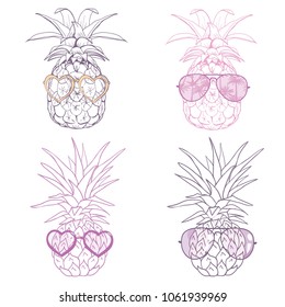 pineapple with glasses  design, exotic, background,  food, fruit, illustration nature pineapple summer tropical vector drawing fresh 
