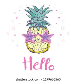 pineapple with glasses design, exotic, background, food, fruit, illustration nature pineapple summer tropical vector drawing fresh