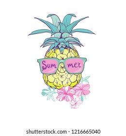 pineapple with glasses design, exotic, background, food, fruit, illustration nature pineapple summer tropical vector drawing fresh