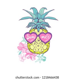 pineapple with glasses design, exotic, background, food, fruit, illustration nature pineapple summer tropical vector drawing fresh