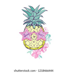 pineapple with glasses design, exotic, background, food, fruit, illustration nature pineapple summer tropical vector drawing fresh