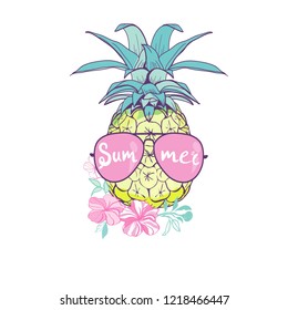 pineapple with glasses design, exotic, background, food, fruit, illustration nature pineapple summer tropical vector drawing fresh