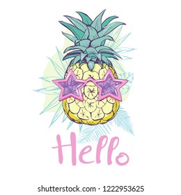 pineapple with glasses design, exotic, background, food, fruit, illustration nature pineapple summer tropical vector drawing fresh