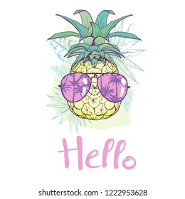 pineapple with glasses design, exotic, background, food, fruit, illustration nature pineapple summer tropical vector drawing fresh