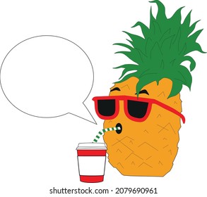Pineapple with glasses drink coffee, vector, illustration. Summer time.
