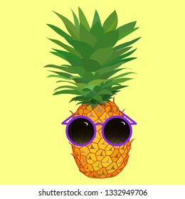 Pineapple with glasses. Funny exotic fruit. Summer bright print.