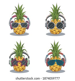 pineapple with glasses and headphones, vector, illustration