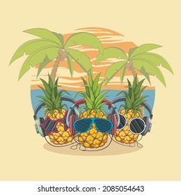 piña con gafas y audífonos, vector, ilustración