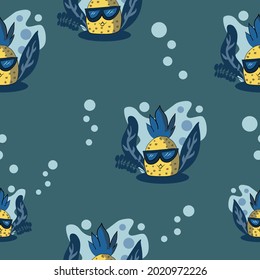 Ananas mit Brille und Laubhintergrund Nahtlose Muster- Vektorgrafik, Illustration
