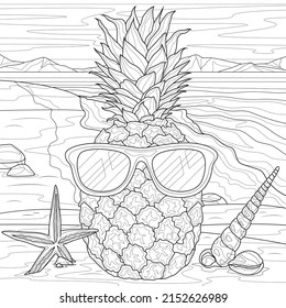 Pineapple in glasses with seashells on the beach.Coloring book antistress for children and adults. Illustration isolated on white background.Zen-tangle style. Hand draw