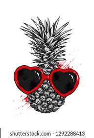 Pineapple with glasses in the shape of hearts, love and Valentine's Day. Exotic fruit. Vector illustration for postcard or poster, print for clothes.