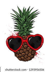 Pineapple with glasses in the shape of hearts, love and Valentine's Day. Exotic fruit. Vector illustration for postcard or poster, print for clothes.