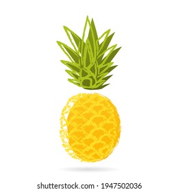 Oro de piña con gancho compensado. Fruto amarillo maduro con escalas esponjosas y ramo verde de hojas vectoriales.