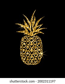 Icono de brillo dorado de piña. Hermosa silueta de frutas de verano para la salud en negro. Para bodas, moda, adornos, tatuajes, lujosos elementos decorativos, diseño infantil. Ilustración vectorial.