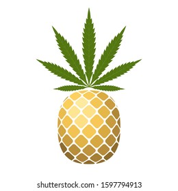 Pineapple golden with green cannabis leaf. Tropical gold exotic fruit isolated white background. Symbol organic food, summer, healthy. Design element illegal narcotic. Silhouette Vector illustration