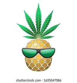 Pineapple golden with green cannabis leaf, sunglasses. Tropical gold funny exotic fruit isolated white background. Symbol of summer. Design element illegal narcotic. Silhouette Vector illustration