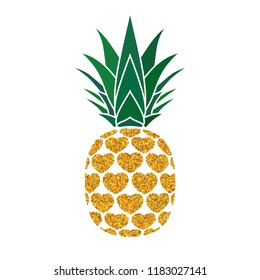 Pineapple golden with hearts. Tropical gold exotic fruit isolated white background. Symbol of organic food, summer, vitamin, healthy. Nature logo. Design element icon Vector illustration