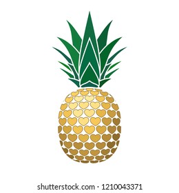 Pineapple golden with hearts. Tropical gold exotic fruit isolated white background. Symbol of organic food, summer, vitamin, healthy. Nature logo. Design element icon Vector illustration