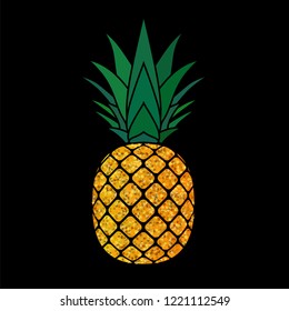Pineapple golden with leaf. Tropical gold exotic fruit isolated black background. Symbol of organic food, summer, vitamin, healthy. Nature logo. Design element silhouette icon Vector illustration