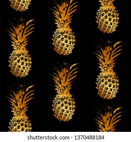 Pineapple golden on a black background. Sketch tropical fruit. Seamless pattern