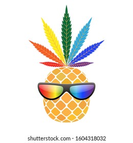 Pineapple golden with rainbow cannabis leaf, sunglasses. Tropical gold funny exotic fruit, isolated white background. Symbol of summer. Design element illegal narcotic Silhouette Vector illustration