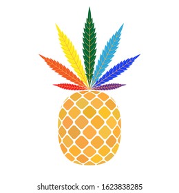 Pineapple golden with rainbow cannabis leaf. Tropical gold exotic fruit isolated white background. Symbol organic food, summer, healthy. Design element illegal narcotic Silhouette Vector illustration