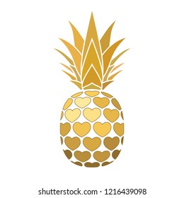 Pineapple golden sign with hearts for t-shirt. Tropical gold exotic fruit isolated white background. Love sign. Cute romantic typography graphic. Sweet summer design decoration Vector illustration