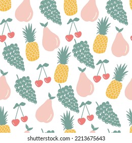 Pineapple, grape, cherry and pear fruit seamless pattern isolated on white background. Exotic tropical sweet cute healthy fresh food. Green, pink, yellow multicolor hand drawn doodle wrapping paper. 