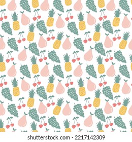 Pineapple, grape, cherry and pear fruit seamless pattern isolated on white background. Exotic tropical sweet cute healthy fresh food. Green, pink, yellow multicolor hand drawn doodle wrapping paper. 