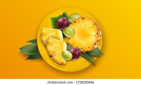 Ananas und Trauben auf einem gelben Teller.
