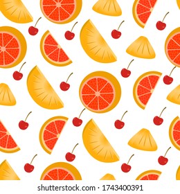 Pineapple and grapefruit delicious pattern isolated on white. Vector image