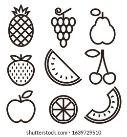 Pineapple, grapes, pear, strawberry, watermelon, cherry, apple, lemon and melon. Fruit icons set