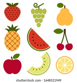 Pineapple, grapes, pear, strawberry, watermelon, cherry, apple, lemon and melon. Fruit icons set