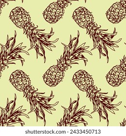 Pineapple graphics, seamless pattern. Whole fruit. Vector illustration. Design for clothing, wrapping paper, wallpaper, textile, fabric, cards, covers