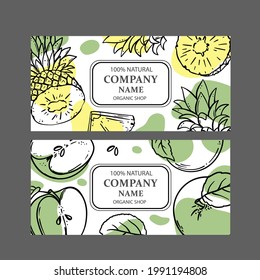 PINEAPPLE GREEN APPLE LABELS Design Of Stickers For Shop Of Tropical Organic Natural Fresh Juicy Fruits And Dessert Drinks In Sketch Style Vector Illustration Set