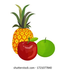 
pineapple, green apple and red apple. illustration of pineapple, red apple and green apple in cartoon style