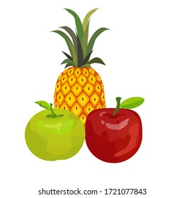 
piña, manzana verde y manzana roja. ilustración de piña, manzana roja y manzana verde al estilo de caricatura