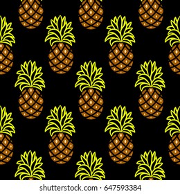Pineapple green and brown dark seamless vector pattern.