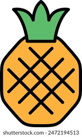 A pineapple with a green leaf on top. The pineapple is drawn in black and orange. The pineapple is a symbol of tropical paradise and is often associated with vacations and relaxation