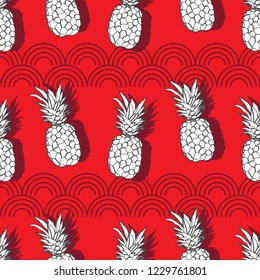 Pineapple Groove-Fruit Delight. Seamless Repeat Pattern illustration.Background in Red White and Grey.