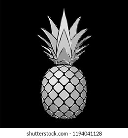 Pineapple grunge with leaf. Tropical exotic fruit isolated black background. Symbol of organic food, summer, vitamin, healthy. Nature logo. Design element silhouette icon Vector illustration
