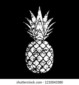 Pineapple grunge with leaf. Tropical exotic fruit isolated black background. Symbol of organic food, summer, vitamin, healthy. Nature logo. Design element silhouette icon Vector illustration
