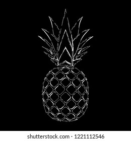 Pineapple grunge with leaf. Tropical exotic fruit isolated black background. Symbol of organic food, summer, vitamin, healthy. Nature logo. Design element silhouette icon Vector illustration