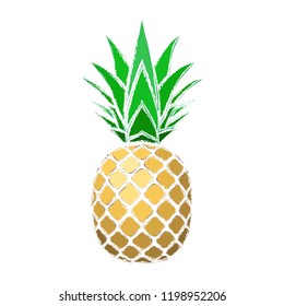Pineapple grunge with leaf. Tropical gold exotic fruit isolated white background. Symbol of organic food, summer, vitamin, healthy. Nature logo. Design element silhouette icon Vector illustration