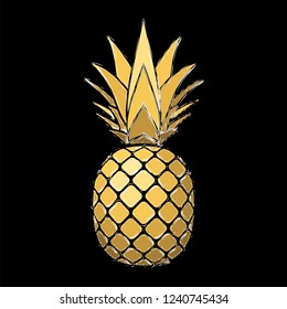 Pineapple grunge with leaf. Tropical gold exotic fruit isolated black background. Symbol of organic food, summer, vitamin, healthy. Nature logo. Design element silhouette icon Vector illustration