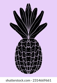 A pineapple. Grunge texture black element. Illustration in linocut style, folk art, Scandinavian style. Element for design.