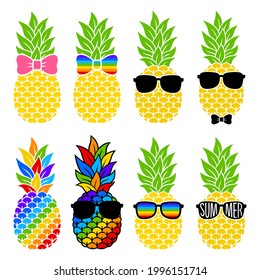 Pineapple with hair bow, sunglasses. Vector fruit set. Rainbow tropical illustration. Flat style. For t-shirts, mugs, sublimation. Isolated on white background. Hand-drawn color summer symbol.