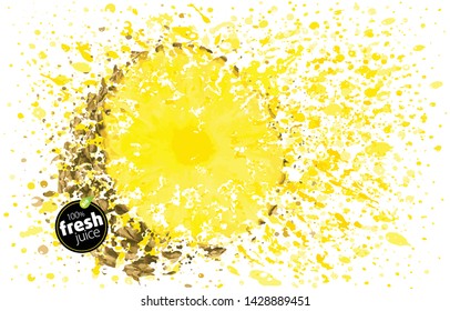 Pineapple half with a splash of juice fruit. Splatter of taste and freshness. Blast of fresh tropical ananas in creative cocktail. White background, EPS illustration