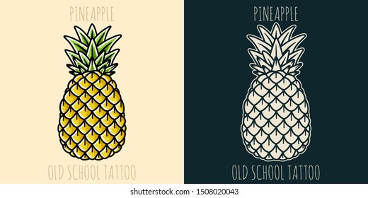 Pineapple hand drawing old school tattoo. Design element for poster, card, banner. Vector illustration.