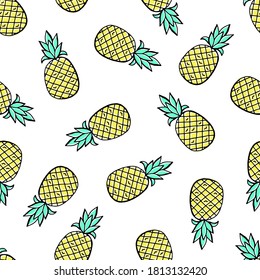 Pineapple hand drawing seamless pattern. Fabric, textile and wallpaper design. Stock vector illustration.